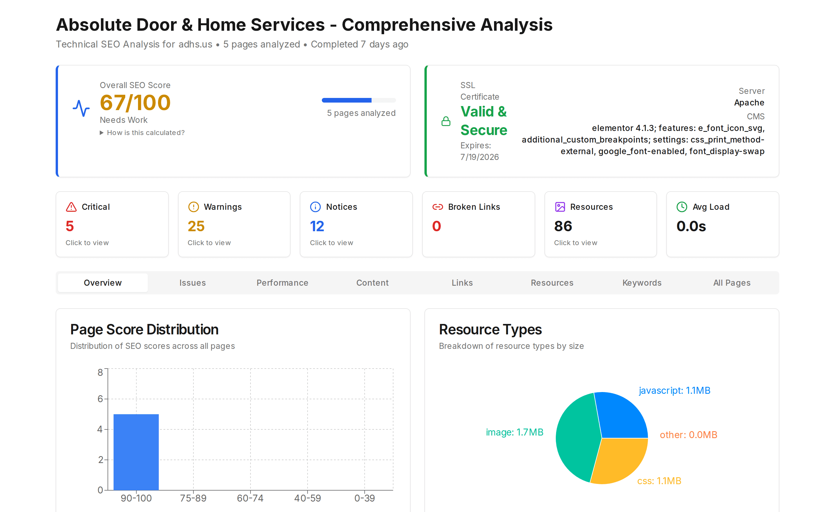 Market report website and SEO audit with score and issues